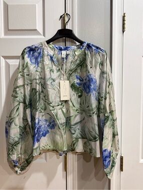 Joie White Blouse with Blue Floral & Green Leaf Print